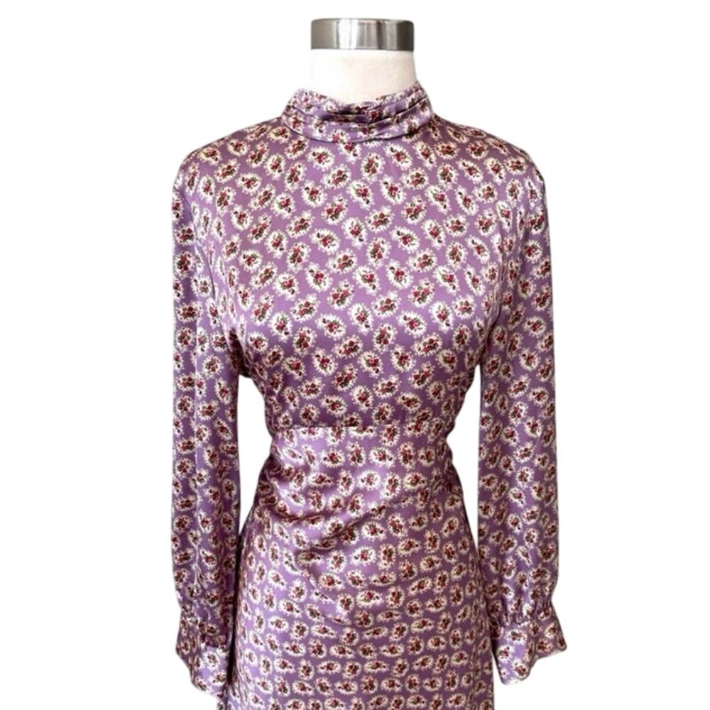 Zara Size M Floral Print Silky Satin Midi Dress Purple With Ruching Long Sleeve - Picture 7 of 12